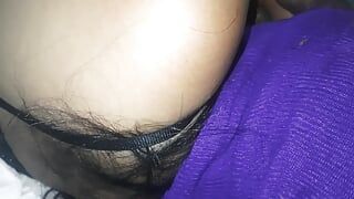 Her husband came to the back of her and rubbed her shaved pussy to thrill her sexual mood.